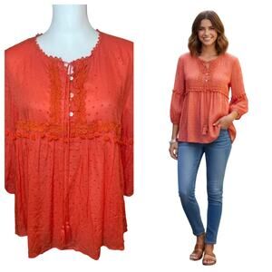 BOHO Coral Tassel & Pom-Pom Dot Tunic Top Size Small